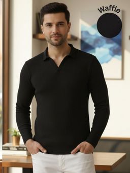 RIGO - Men Textured Full Sleeves Casual Polo Black T-Shirt