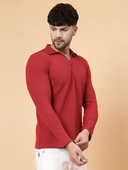 RIGO - Men Textured Full Sleeves Casual Polo Maroon T-Shirt