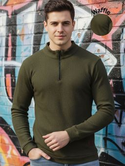 RIGO - Men Olive Full Sleeves Textured Casual T-Shirt