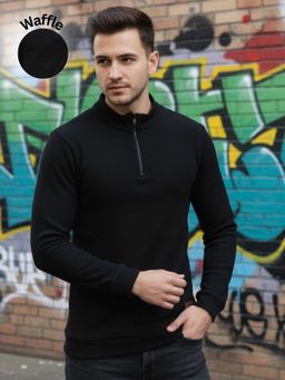 RIGO - Men Black Full Sleeves Textured Casual T-Shirt