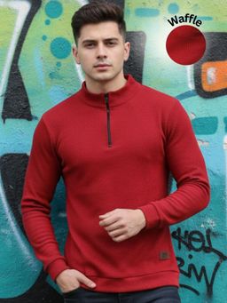 RIGO - Men Maroon Full Sleeves Textured Casual T-Shirt