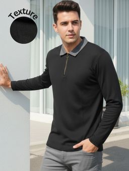 RIGO - Men Black Zipper Neck Full Sleeves Textured T-Shirt