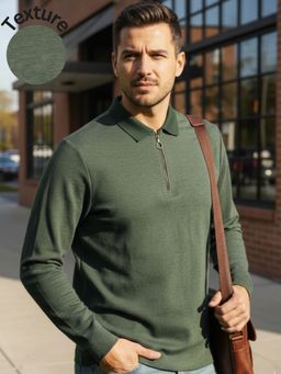 RIGO - Men Green Zipper Neck Full Sleeves Textured T-Shirt