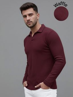 RIGO - Men Textured Full Sleeves Casual Polo Wine T-Shirt