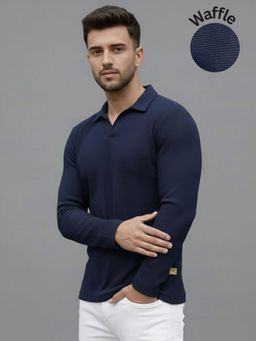 RIGO - Men Textured Full Sleeves Casual Polo Navy Blue T-Shirt
