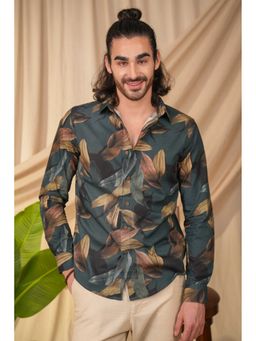 Perch - Teal Cotton Floral Slim Fit Shirt