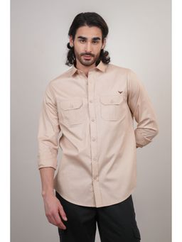 Perch - Beige Cotton Plain Slim Fit Shirt
