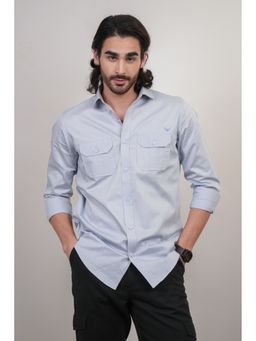 Perch - Blue Cotton Plain Slim Fit Shirt