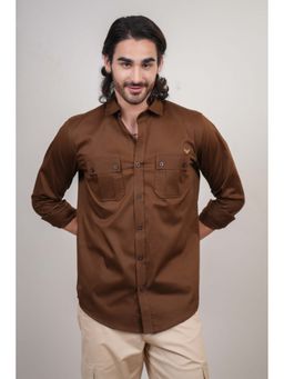 Perch - Brown Cotton Plain Slim Fit Shirt