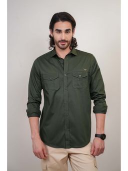 Perch - Green Cotton Plain Slim Fit Shirt