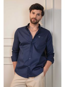 Perch - Cotton Plain Navy Blue Slim Fit Shirt