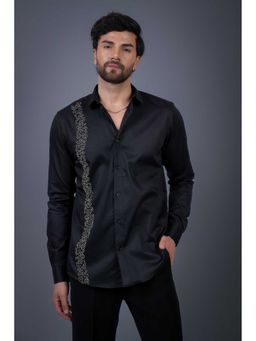 Perch - Black Cotton Satin Sequined Slim Fit Shirt