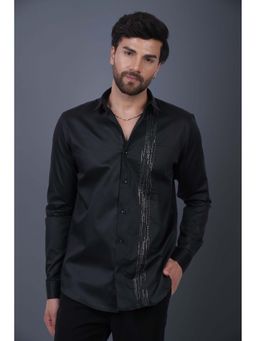 Perch - Black Cotton Satin Slim Fit Sequined Shirt