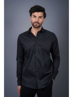 Perch - Cotton Satin Sequined Slim Fit Black Shirt