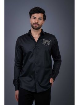 Perch - Black Sequined Cotton Satin Slim Fit Shirt