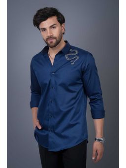 Perch - Navy Blue Cotton Satin Sequined Slim Fit Shirt
