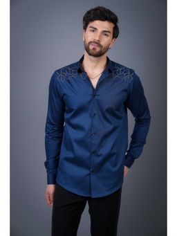 Perch - Cotton Satin Navy Blue Sequined Slim Fit Shirt