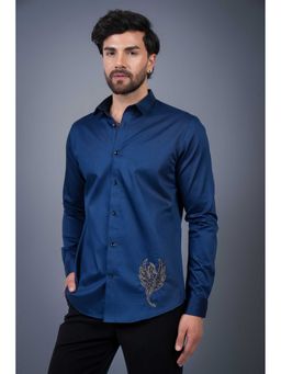 Perch - Cotton Satin Sequined Slim Fit Navy Blue Shirt