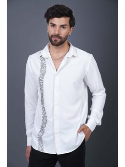 Perch - White Cotton Satin Sequined Slim Fit Shirt