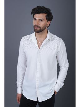 Perch - Cotton Satin White Sequined Slim Fit Shirt