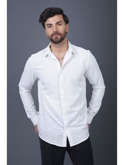 Perch - Slim Fit White Cotton Satin Sequined Shirt