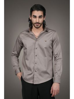Perch - Beige Cotton Satin Plain Slim Fit Shirt