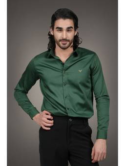 Perch - Green Cotton Satin Plain Slim Fit Shirt