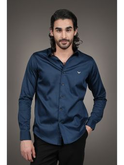 Perch - Navy Blue Cotton Satin Plain Slim Fit Shirt