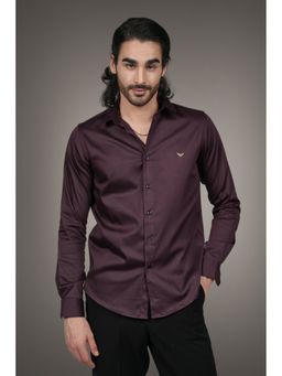 Perch - Maroon Cotton Satin Plain Slim Fit Shirt