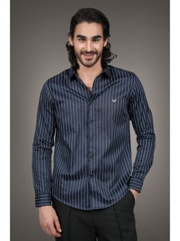 Perch - Navy Blue Cotton Satin Stripes Slim Fit Shirt