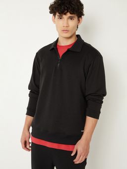 max - Men Black Solid Polo Collar Sweatshirt