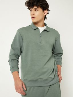 max - Men Green Solid Polo Collar Sweatshirt
