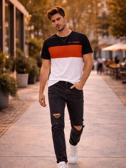 The Fit Theory - Men Nylon Colorblock Black T-shirt