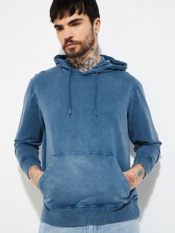 max - URB_N Men Blue Washed Hooded Neck Hoodie