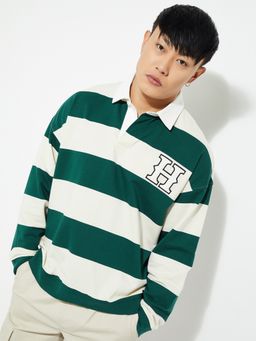 max - URB_N Men Green Oversized Striped Polo Sweatshirt