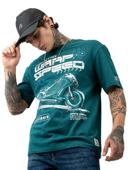 High Star - Men Printed Relaxed Fit Round Neck Teal T-Shirt
