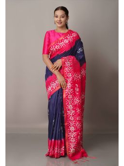 Unnati Silks - Navy Blue Pink Pure Batik Chanderi Silk Saree with Unstitched Blouse