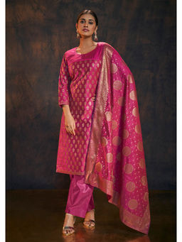 SALWAR STUDIO - Rani Pink Banarasi Silk Kurta with Pant & Dupatta (Set of 3)