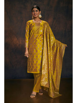 SALWAR STUDIO - Mustard Banarasi Silk Kurta with Pant & Dupatta (Set of 3)