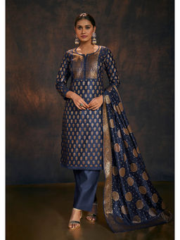 SALWAR STUDIO - Navy Blue Zari Work Banarasi Kurta with Pant & Dupatta (Set of 3)