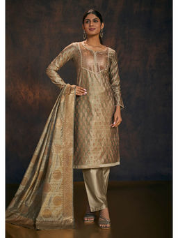 SALWAR STUDIO - Olive Green Zari Work Banarasi Kurta with Pant & Dupatta (Set of 3)