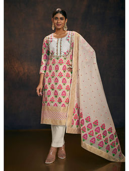 SALWAR STUDIO - Cream Banarasi Chanderi Silk Kurta & Dupatta (Set of 2)