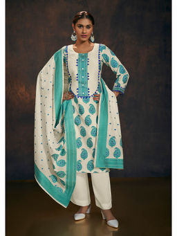 SALWAR STUDIO - Turquoise And Ivory Banarasi Chanderi Silk Kurta & Dupatta (Set of 2)