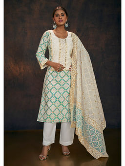 SALWAR STUDIO - Cream Banarasi Chanderi Silk Kurta & Dupatta (Set of 2)