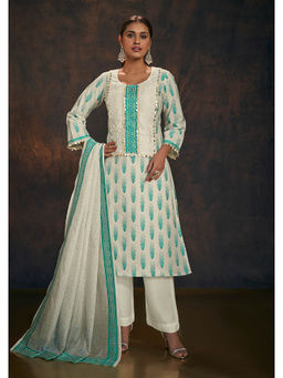 SALWAR STUDIO - Cream & Light Green Banarasi Chanderi Silk Kurta & Dupatta (Set of 2)