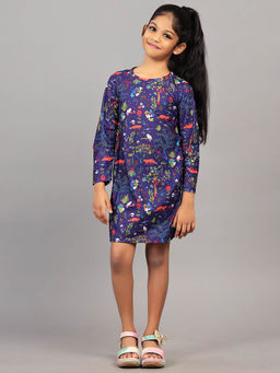 ZION - Girls Purple Floral Printed A-Line Casual Dress