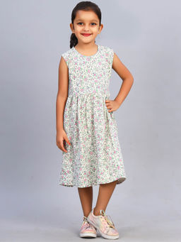 ZION - Girls Off White Floral Printed Fit and Flare Dress