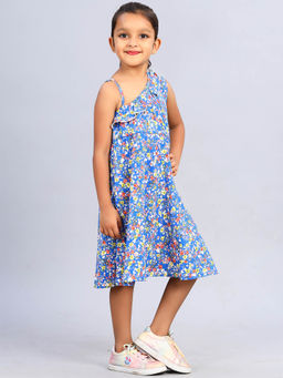 ZION - Girls Blue Floral Printed Asymmetrical Neck Flared Dress