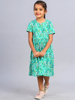 ZION - Girls Green Floral Printed Fit and Flare Dress