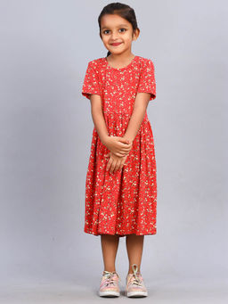 ZION - Girls Red Floral Printed Fit and Flare Dress